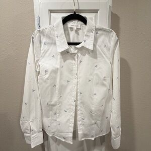 Pink Rose White Blouse with Blue Floral Pattern